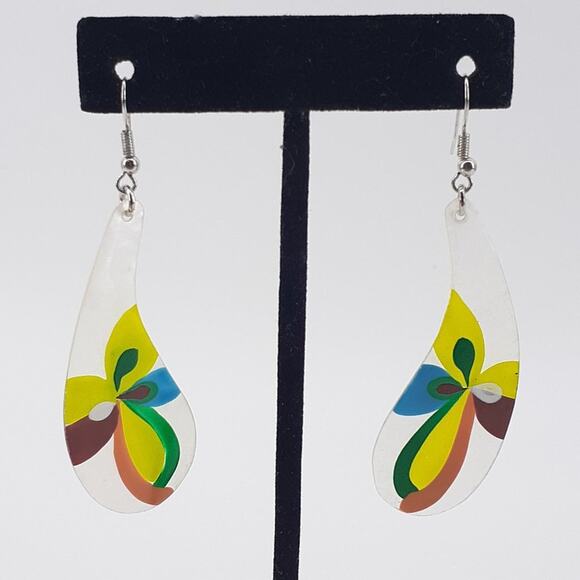 Earrings Made of Seashells Hand Painted Dangling tear Yellow Blue Orange - Picture 1 of 7